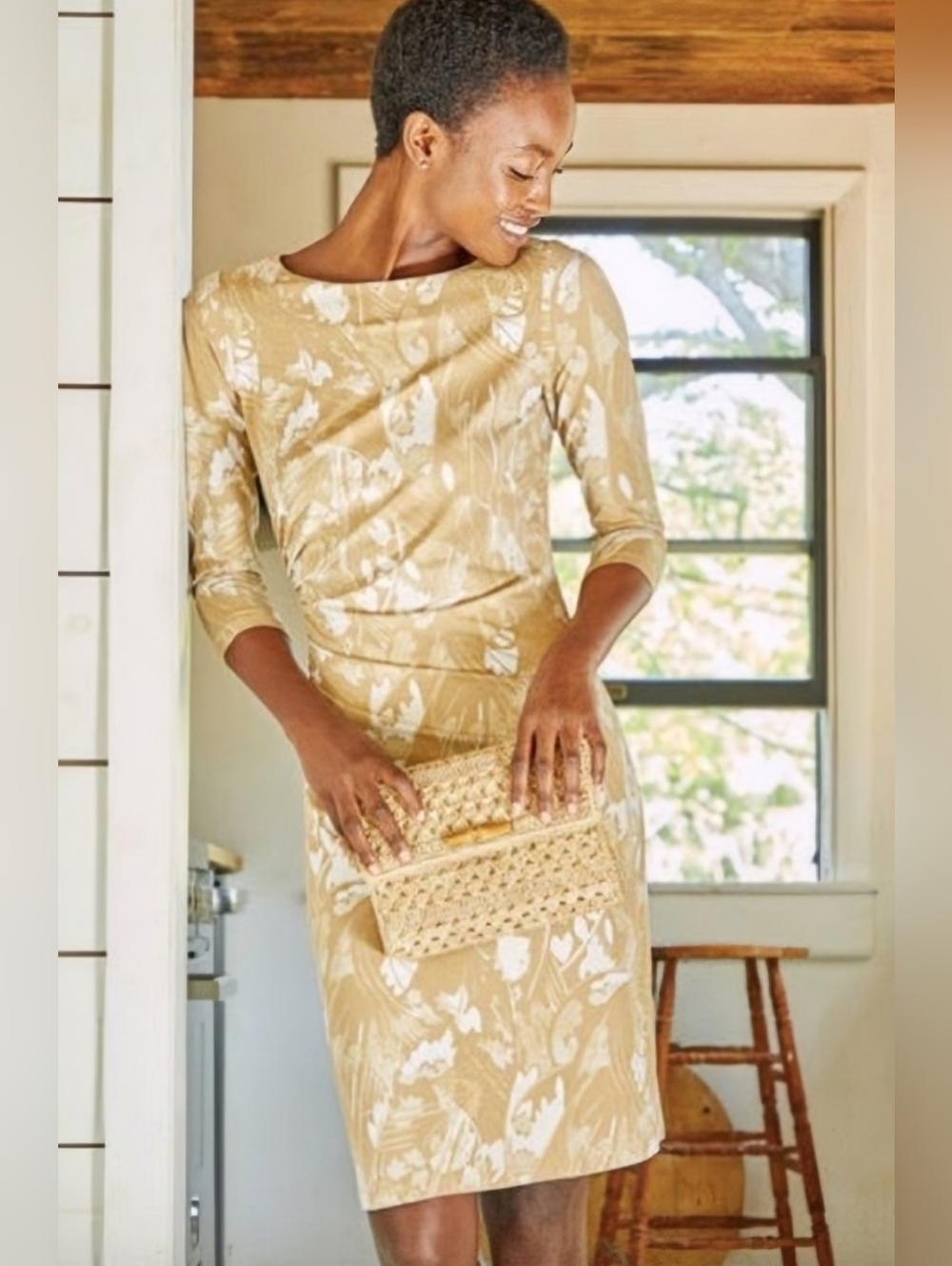 J. McLaughlin Sage Dress In Floral Cay Ruched Waist Beige Boho Style NWT Size M